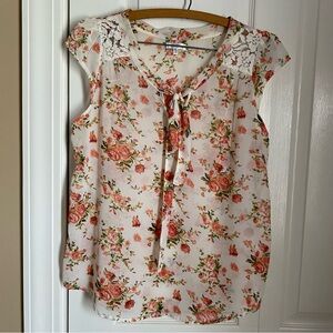 Marisol Floral Lace Tie Front Semi Sheer Cap Sleeve Blouse L Cottage Coquette